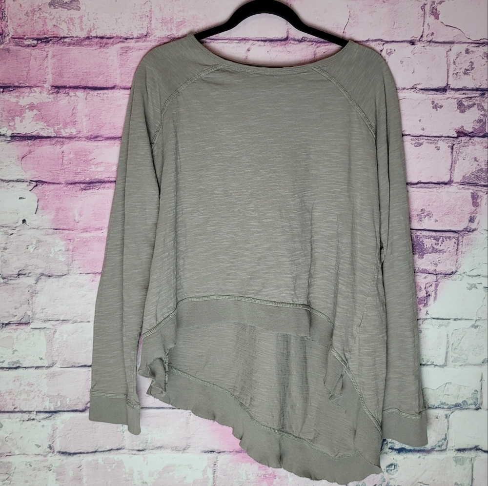 PURE & SIMPLE TAUPE GRAY BROWN ASYMMETRICAL BOHO LAGENLOOK RAW HEM TOP L
